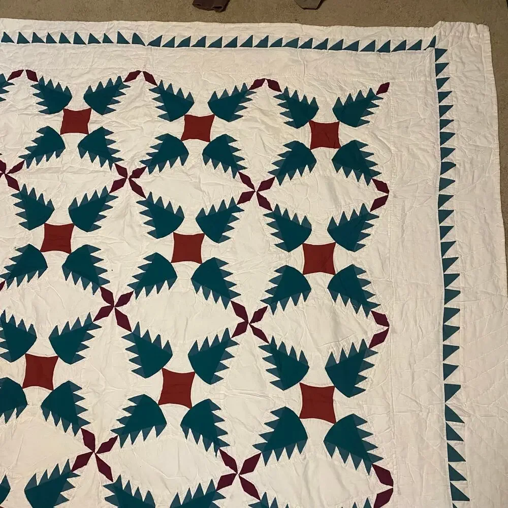 Vintage Patchwork Quilt Set 2 Shams Twin Full Cream Green Red Cotton Bedding